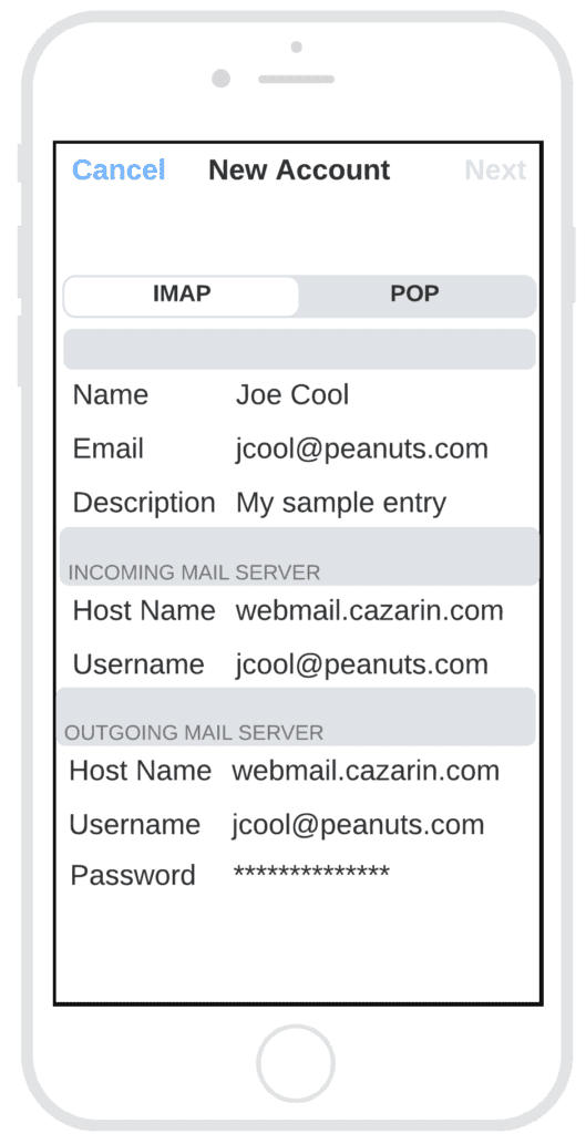 IOS email settings example screen