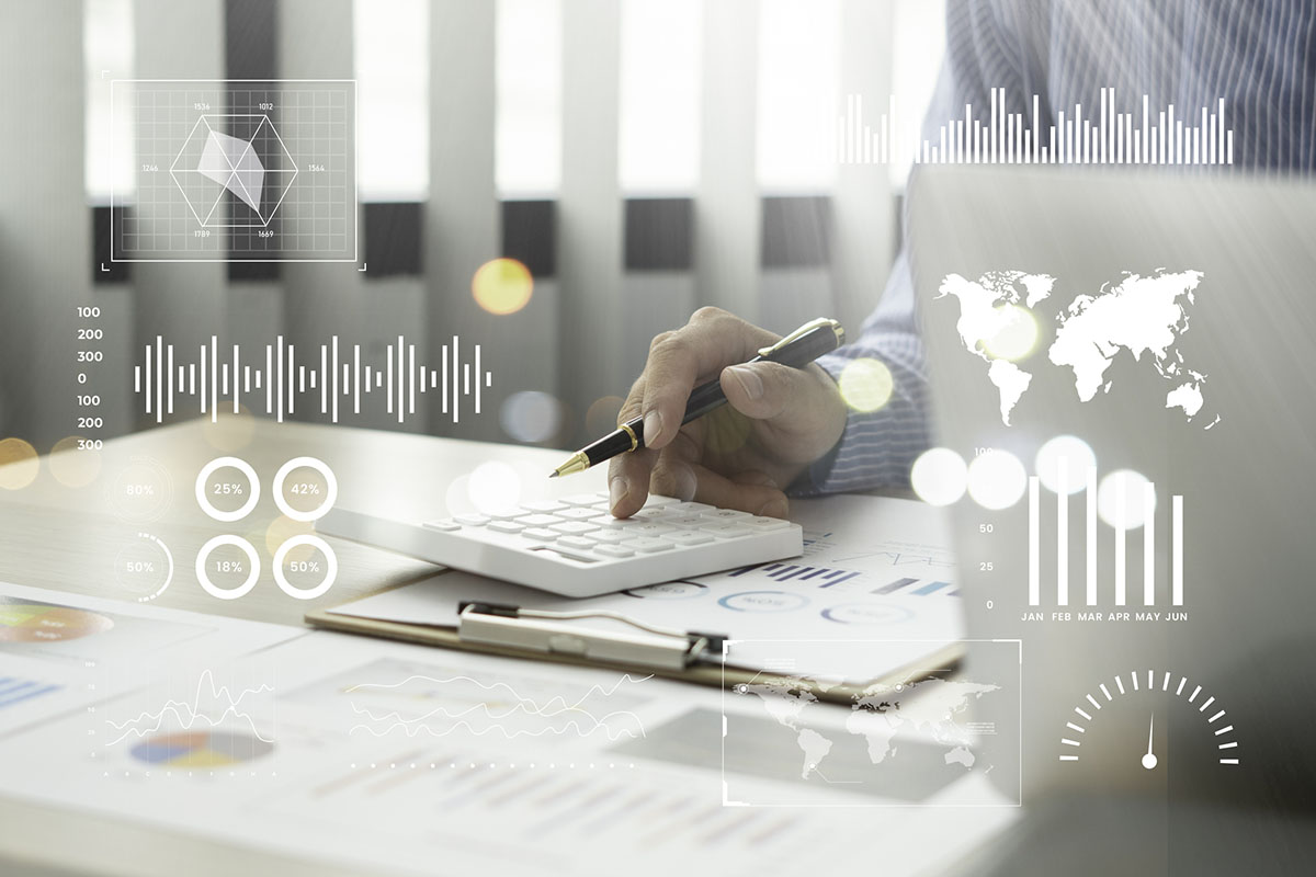 Businessman analyzing sales data and economic growth graph chart. Business strategy. Abstract icon. Stock market. Digital marketing.