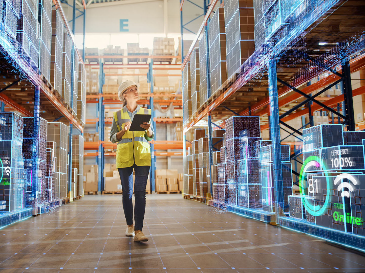 Futuristic Technology Retail Warehouse: Worker Doing Inventory Walks when Digitalization Process Analyzes Goods, Cardboard Boxes, Products with Delivery Infographics in Logistics, Distribution Center